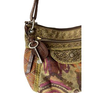 Vintage Fossil Purse Floral Canvas Leather Multicolored Tapestry Shoulder Bag